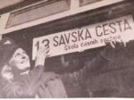 Promjena table sa oznakom smjera u Savskoj cesti kod Učiteljske škole, na posljednjoj stanici linije 13. Suprotni smjer je bila linija 10, Gupčeva zvijezda. Snimljeno 1944. [FB-ZG 2022.]