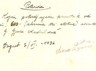 Potvrda o primitku novca kojeg je Gjuro Andrilović uplatio Adamu Pogačiću 07.06.1936. [ZP 2022.]