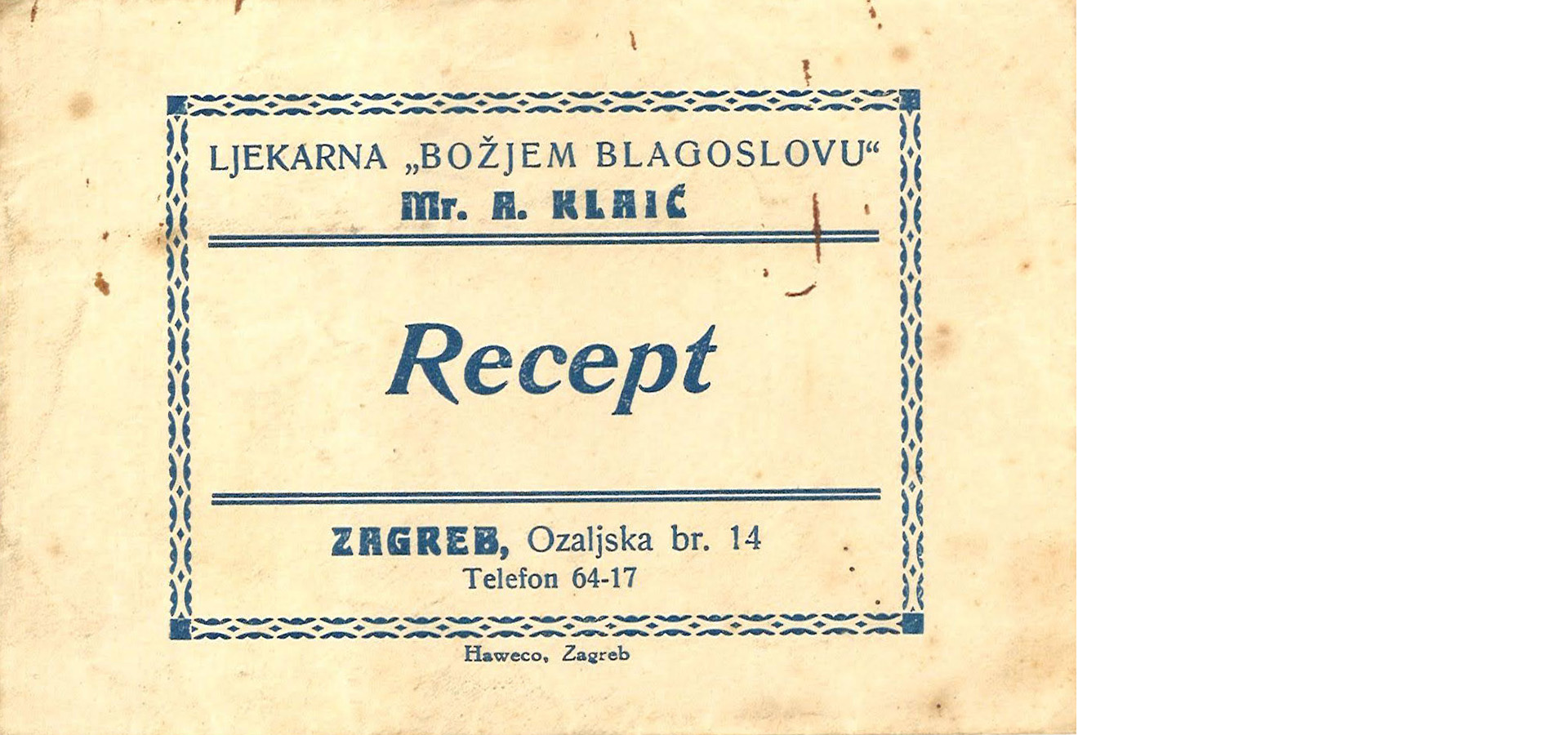 Omotnica za ljekarnički recept za ljekarnu “Božjem blagoslovu” mr. A. Klaić (Ozaljska 14) [ZP 2022.]