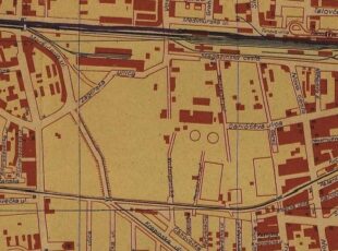 Isječak plana grada iz 1947. godine koji prikazuje područje oko sadašnjeg Doma sportova i spominje ulicu Obrež na mjestu početka današnje Metalčeve ulice.