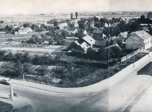Autoput kod Savske ceste, pogled prema jugoistoku, između 1948. i 1955. Vidljiv je i obelisk postavljen 02.11.1947. uz završetak gradnje tog dijela Autoputa. [FB]