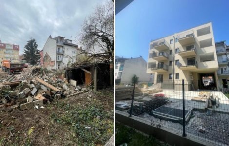 Lijevo: Rušenje kućice u Sokolgradskoj, snimljeno 30.11.2023. Desno: Stambena zgrada, snimljeno 12.06.2025. [TK 2023/2025.]